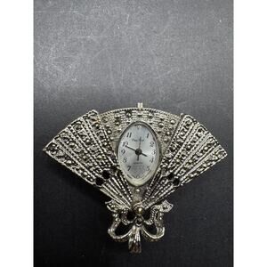 Vtg Art Deco Pierre Nicol Hidden Peekaboo Fan Quartz Watch Pendant Marcasite